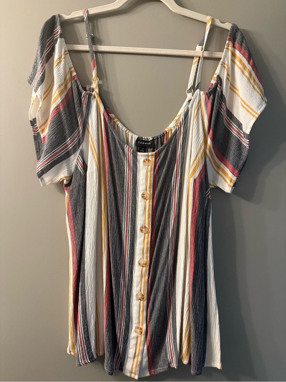 torrid Striped Button-Front Cold-Shoulder Top - White, Gray, Mustard, Dusty Rose